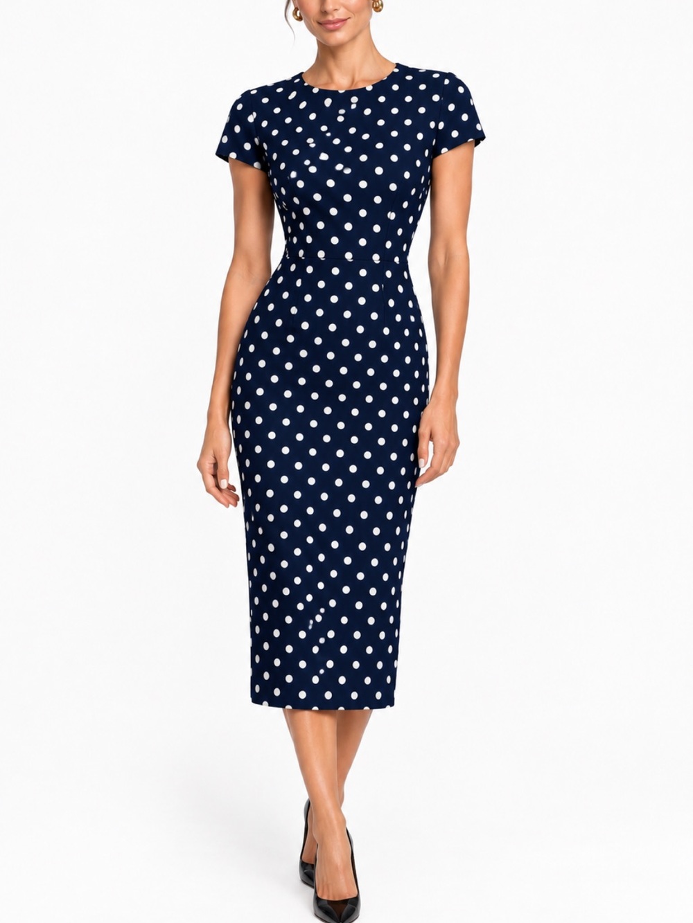 Michael kors collection navy polka dot cotton silk midi sheath dress US SZ 2